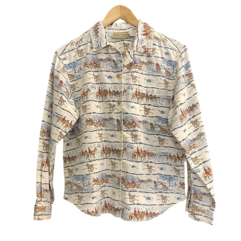 Liz Claiborne jockey/ horse pattern 100% cotton long sleeve button up top